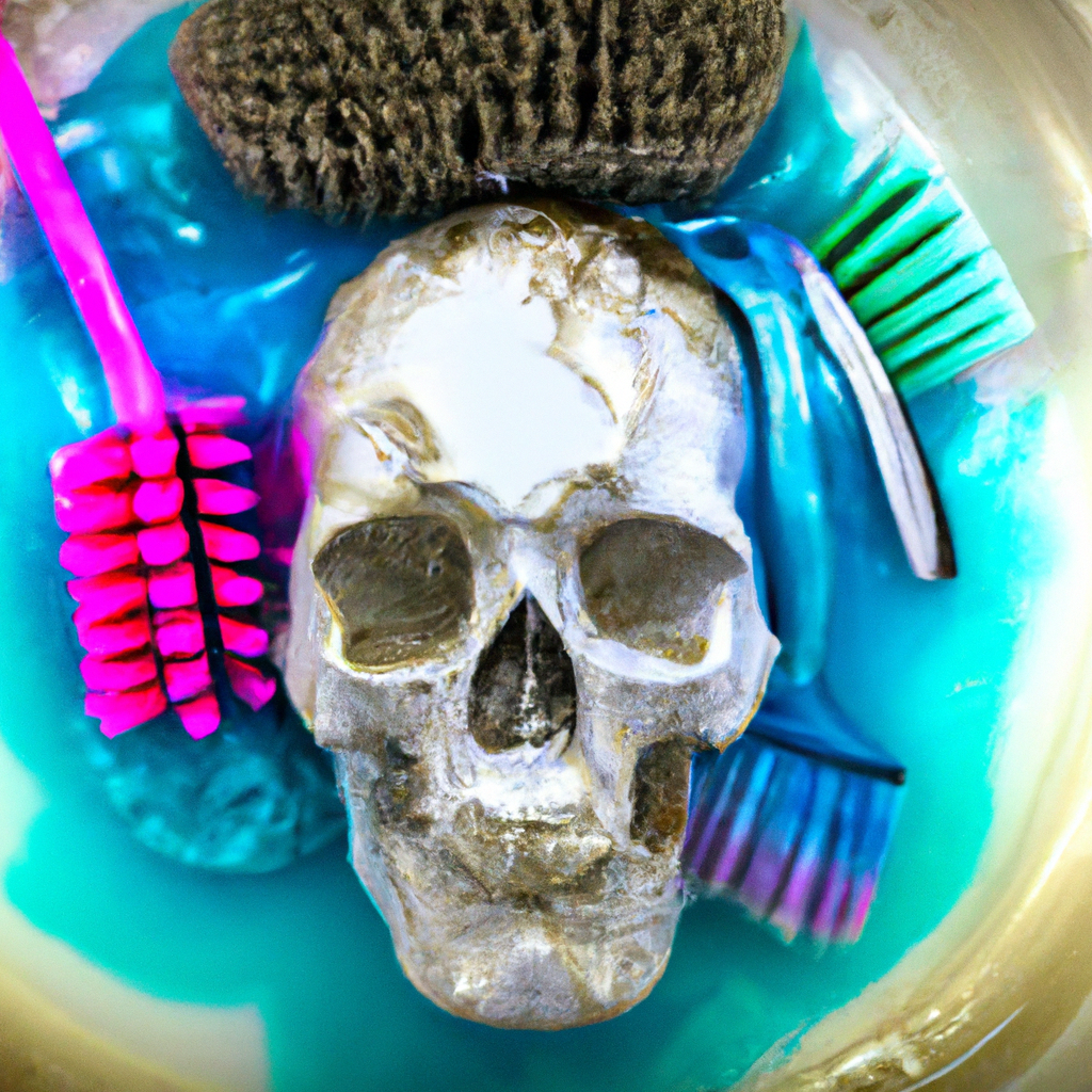 An image showcasing a gleaming skull immersed in a bath of Mop and Glo cleaning solution, surrounded by colorful cleaning supplies like brushes, sponges, and gloves, highlighting the potential of this unconventional method