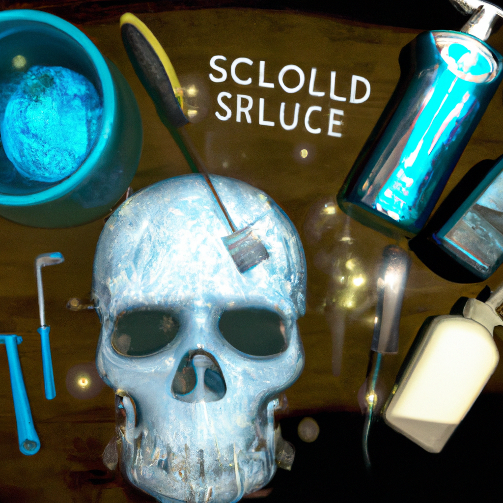 An image showcasing a sparkling clean skull treated with Mop and Glo, surrounded by various alternative cleaning products like vinegar, baking soda, and hydrogen peroxide