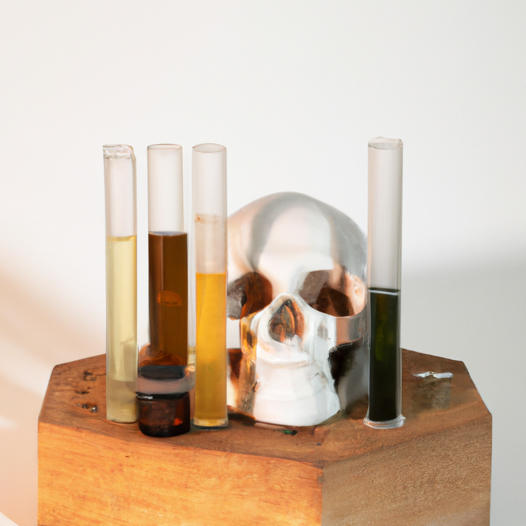 An image showcasing a clean, well-preserved skull perched atop a wooden pedestal, surrounded by test tubes filled with various natural cleaning agents, highlighting the safe and effective methods for preserving skulls