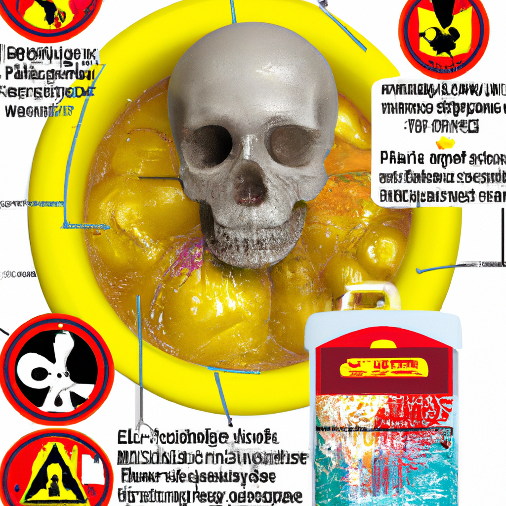 An image of a pristine human skull submerged in a container filled with Mop and Glo, surrounded by caution symbols and warning signs, illustrating the potential risks and dangers associated with using the product on skulls