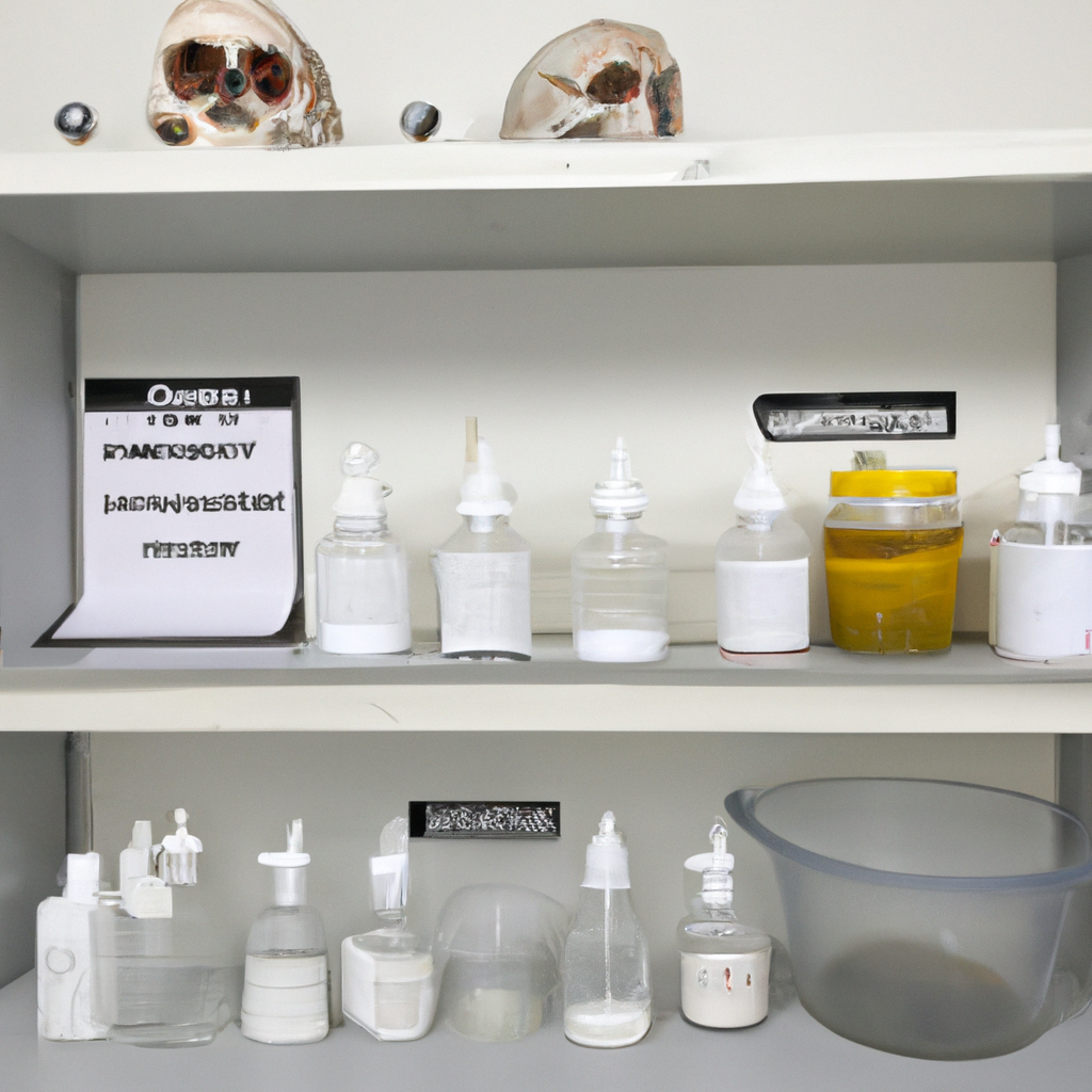 An image showcasing a clean, well-organized storage area with labeled shelves and specialized containers for skulls