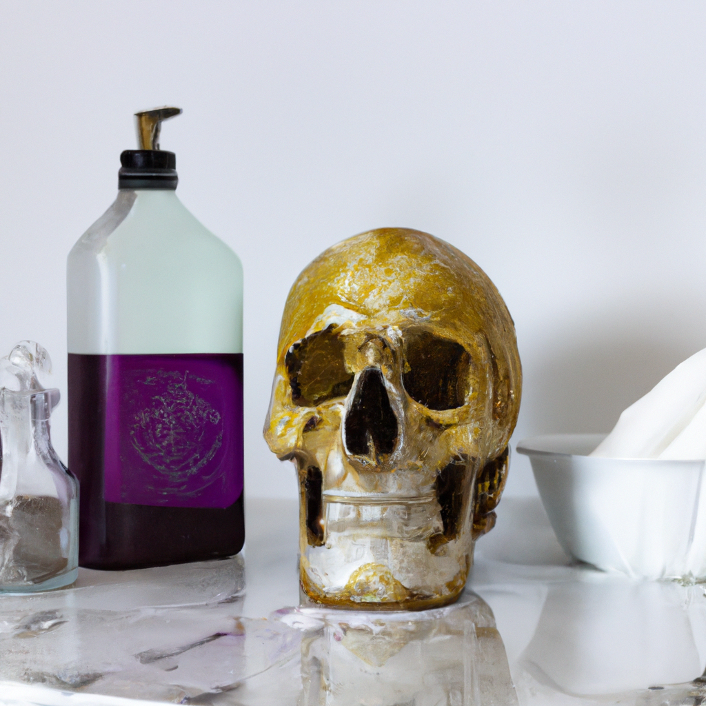 An image showcasing a beautifully cleaned skull, gleaming with a natural shine, as it stands atop a pristine white pedestal, surrounded by a variety of DIY cleaning supplies like Mop and Glo, vinegar, and baking soda