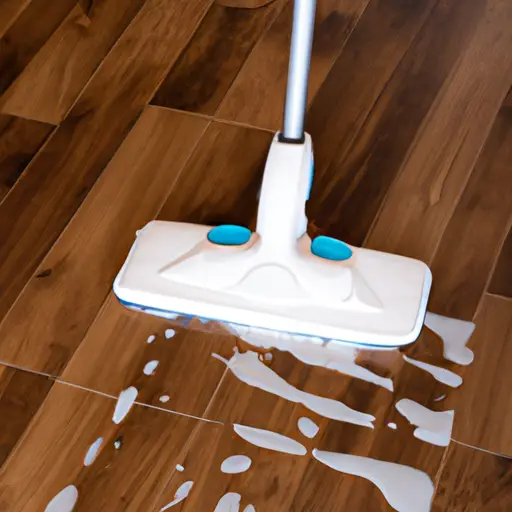 An image showcasing a vinyl floor being gently cleaned with a natural solution, like a mixture of vinegar and water, using a microfiber mop