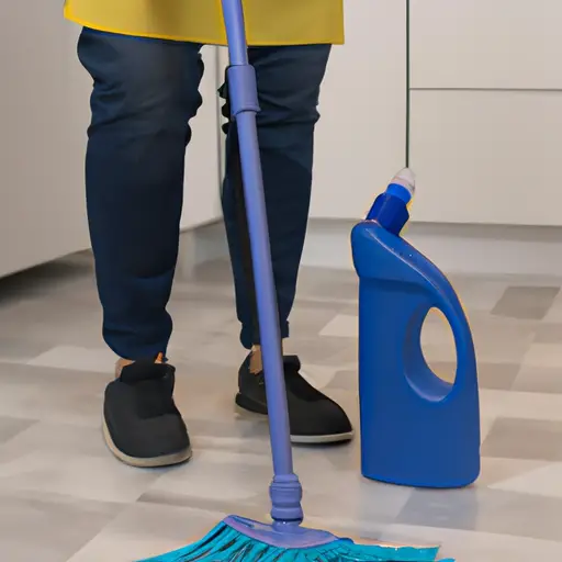An image showcasing a person holding a bottle of Mop and Glo, while a professional cleaner with a trustworthy demeanor offers guidance and expertise on cleaning vinyl floors, emphasizing the importance of seeking professional advice