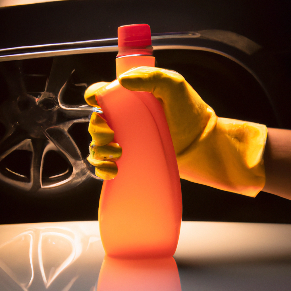 An image showcasing a clear bottle of Mop and Glo, with its distinct orange liquid reflecting light, surrounded by a microfiber cloth, a car's glossy surface, and a gentle hand applying the product