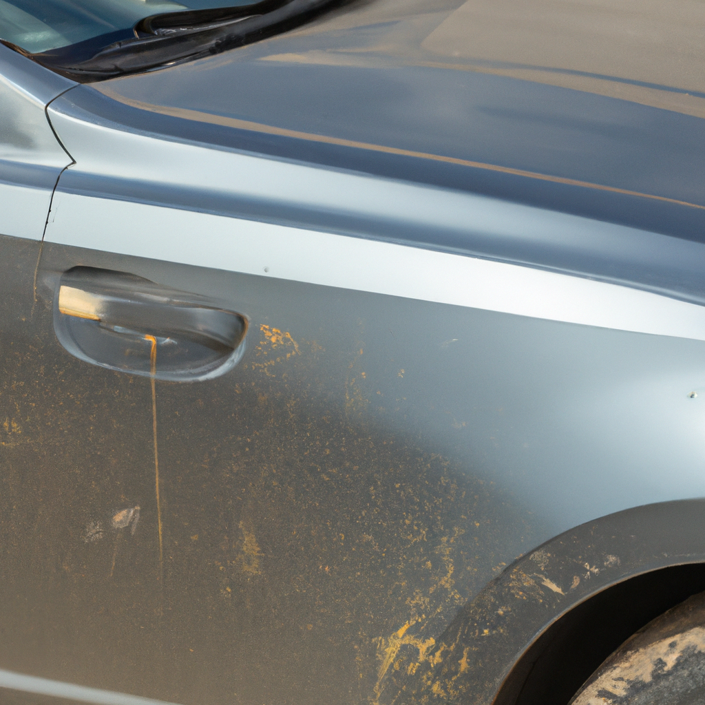An image showcasing a glossy car exterior coated in Mop and Glo, with distinct patches of dullness, discoloration, and streaks