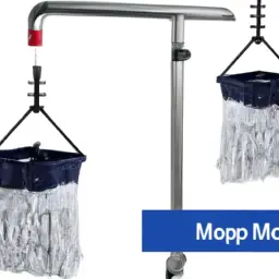 Image showcasing two different methods of storing a wet mop: one option being to hang it upside down on a hook, allowing for proper air circulation, and the other being to place it in a designated mop rack or container to prevent germs and bacteria growth
